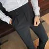 Business Tie Plisted Suit Pants Trend moda wysoka talia swobodne Slim Fit Vintage Pencil Spodery do męskiej sukienki biurowej 240312