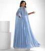 Robes de bal plissées longues bleu clair chic avec Cape a-ligne col haut en mousseline de soie longueur de plancher fermeture éclair dos robes de bal pour les femmes