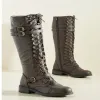 Boots Women Knee high Boots Autumn Winter Lace Up Flat Shoes Sexy Steampunk PU Retro women shoes Ladies Snow Boots yui8