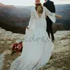 Syrena boho frędzlona sukienka ślubna Elopement Sexy V Neck Fulllace Długie rękaw docelowe plażę bohemijskie suknie ślubne Brężyste Backless Plus Size Bride Rabe de Mariee