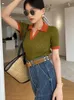 Womens T-shirt Polo Collar Short Sleeve Fashion Blouses 2024 Female Slim Knitted Tee White Skinny Casual Women Summer Tank Top 240308