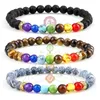 Strand 7 Chakra Reiki Beads Bracelet 6mm Natural Tiger Eye Stone Agates Lava Rock Bracelets Balance Healing Bangle For Women Men