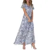 Casual Dresses Ruffle A-Line Dress Women Maxi Floral Print V Neck For Summer Beach Resort Wear Loose Big Hem