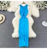 Casual Dresses Korean Solid Knitted Split Long Dress Summer Women V Neck Sleeveless Kink Sexy Club Slim Bodycon Wrapped Hip Vestidos Chic