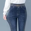 Women's Jeans Blue Flared Pants For Woman Flare With Rhinestones Bell Bottom Trousers High Waist S Japanese Y2k Vibrant Pant