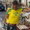 Y2k Style Damen T-Shirts Damen T-Shirts Brasilien Flagge Druck Crop Top Koreanische Mode Retro Nabel Cut Tops Straßenkleidung 240315