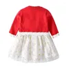 Mädchen Kleider 2024 Frühling Herbst Baby Mädchen 2PCS Kleidung Set Baumwolle Daisy Knotbow Langarm Kleid Rote Strickjacke Anzug kleinkind Outfits