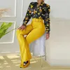 Women's Two Piece Pants Elegant Printed Sets Women Casual Stand Collar Long Sleeve Button Shirt And Wide Leg Set With Belt Office Outfit