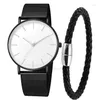 Wristwatches 2pc Simple Black Quartz Watch With Bracelet For Men Casual Fashion Round Silver Dainty Wheat Bracelets Set