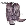 Botas Cowboy Midcalf Botas de motocicletas Gladiador Autumn Winter Finged Lears Saltos baixos Botas curtas