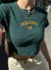 T-shirt femme Y2K lettre brodée impression couture vert années 90 haut court col rond T-shirt à manches courtes rétro BF vêtements T-shirt 240323