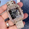 Quadrante scheletrato con diamanti Orologi l'ultimo orologio da auto da uomo 3 Cassa in argento ghiacciato Grande lunetta con diamanti Movimento al quarzo Orologio da polso Lucido Buono