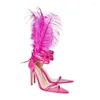 Klänningskor Feather Strappy High Heels Women Stiletto Sexig öppen tå Rose Red Pointed Sandals Sandalias Mujer Verano Chaussure