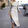 Casual Dresses For Women 2024 Summer Beach Plus Size Round Neck Long Sleeve Slim Irregular Hem 3d Printed Dress Holiday