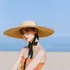 Summer Big Natural Straw Hats for Women Handmand Wide Brim Beach Visor Caps Elegant Flat Top Long Ribbon Lace-up Sun Hat