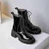 Boots MEZEREON Full Grain Leather Ankle Thick Bottom Platform Shoes Round Toe Lace-Up Winter High Heel 6.5 CM Waterproof