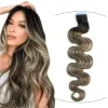 Extensões t2 6/60 fita remy onda do corpo em extensões de cabelo humano balayage marrom escuro a castanho e loiro platinado 20 peças 1226 polegadas