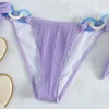 Kvinnors badkläder sexig lila ribbad kvinnor pärla ring triangel halter bikinis set mikro thong baddräkt knuten baddräkt bikini bather