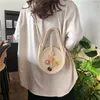 Trekkoord Vintage Strogeweven Kleine Ronde Handtas Kaki Beige Bloem Decor Strandtas Voor Dames Zomer Bohemen Mode Dagelijkse Schoudertas