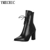 Boots YMECHIC Fashion Sexy Block High Heel Lace Up Short Motorcycle Boots Plus Large Size Black Pointed Toe Street Rock Autumn Shoes