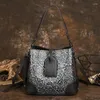 Evening Bags Retro Real Genuine Leather Women Bucket Bag Floral Embossed Cowhide Handbags Large Capacity Ladies Tote Shoulder Crossbody