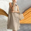 Casual Dresses Women's Solid Color Cotton Dress Linen Sleeveless Large Size Loose Lapel Blouse Vest Skirt Women Breasted