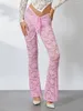 Pantalon Femme Femmes Dentelle Floral Sheer Mesh Flare Pantalon Cordon Low Rise Bell-Bottoms Sexy Voir à travers Party Club Leggings Streetwear