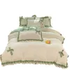 Rosa renda plissado bowknot capa de edredão cama saia lençóis fronhas luxo conjunto cama para meninas mulher decoração casa 240313