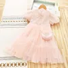 Girl Dresses Girls Qipao Princess Summer 2024 Sweet Style Chinese Pearl Button Mesh Bubble Sleeve Kids Frock With Bag