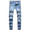 Estilo hip hop multi buraco vale osso remendo luz azul spray de tinta pequena perna reta jeans