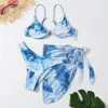 Dames Badmode Geel Print Push Up Badpak Dames Beugelbikiniset 3-delig 2024 Mujer String Geknoopt Sarong Beachwear Badpak