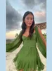 Chic Hollow Out Lantern Sleeve Mini Dres Elegant Solid V Neck Green Mesh korta klänningar Spring Summer Lady Beach Vestidos 240314