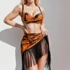 Costumi da bagno da donna 2024 Bikini stampato a foglia da donna Set tre pezzi Costume da bagno sexy a vita alta Push Up con gonna con frange Gonna da spiaggia