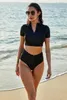 Damenbadebekleidung YY42 Chic Frauen Bikini S-5XL Schwarz Sport Strand Kleidung 2 stücke Set Kurze Ärmel Weibliche Sommer Große Größe Reißverschluss Split schwimmen