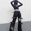 Spodnie damskie capris e-girl gotycka czarne spodnie cargo capri damskie dżinsowe spodnie y2k grunge retro hip hop punk harajuku street odzież2403
