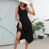 Robes décontractées Femmes Été Robe Asymétrique O Cou Sans Manches Lâche Réservoir Solide Imprimé Plage Robe Dames Chic Midi