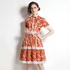 2024 Yaz Butik Kadın Çiçek Elbise Kısa Kollu Retro Fırfır Elbise Üst düzey Moda Leydi Baskılı Elbiseler Ofis Pist Elbiseleri