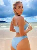 Damenbadebekleidung Sexy Bügel-Bikini-Set Frauen Solide Blau Pleate Push Up Gepolsterter 3-teiliger Badeanzug 2024 Badeanzug Rock Hohe Taille