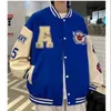 Mens Spring Fall Varsity Jackets broderi Korean Fashion Loose Baseball Uniform Par Blue Retro Leather Sleeve Bomber Coats 240319