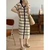 Party Dresses Snva.me Summer Vintage Stripe V-Neck dubbelbröst kortärmad stickad klänning 2024 Rak Slim Fit Idle Style Long Long