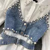 2024 HighEnd Weißes Hemd Kleid Weibliche Revers Diamant Perle Luxus Kurze Denim Weste Chic Zwei Stück Sets Mode 240314