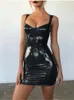 Casual Dresses Kontturi Fall Leather Sexy Party For Women 2024 Fashion Spaghetti Strap Backless Dress Black Bodycon Mini Female