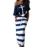 Work Dresses Fanbety Women Sexy Off Shoulder Two Piece Sets Dress Boat Anchor Print Shirts Striped Lady Casual Ankle-Length