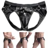 Cuecas masculinas de cintura baixa sexy pu couro oco out roupa interior jock cinta apertada briefs elástico tanga g-string bolsa calcinha