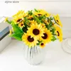 Finto floreale verde girasole artificiale bouquet fiore di seta margherita fiore artificiale fai da te pianta di supporto giardino di famiglia tavolo di nozze decorativo Y240322