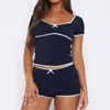 Damen-Trainingsanzüge Hirigin Frauen Casual Lounge-Sets Y2k Zweiteilige Outfits Kurzarm Spitzenkante rückenfreies Hemd Shorts Set Pyjamas