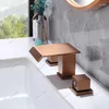 Banyo Lavabo muslukları lüks şelale pirinç musluk üç delik iki sapı yıkama havzası soğuk su lavabo musluk modern tasarım