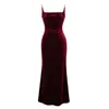 Vestidos casuais elegante reunião anual vestido longo mulheres vinho francês vermelho preto veludo cinta backless fenda maxi robe femme festa inferior