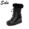 Stivali Salu 2020 Nuove donne stivali stivali da neve caldi inverno signore in stile dolce vitello botas donna donna rotonda di pizzo piatto scarpe