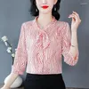 Women's Blouses 2024 Style Printed Spring Summer Turnover Collar Satin Bow Fashion Long Sleeve Loose Single Row Multi Button Shirt Tops